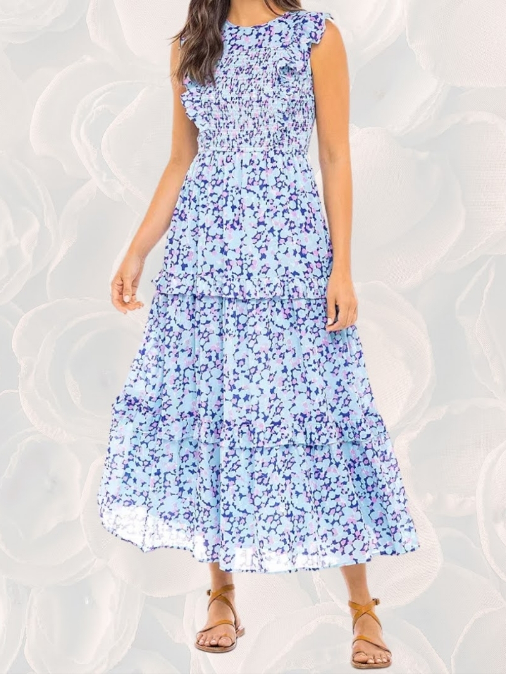 Banjanan Blue Purple Floral Smocked Tiered Midi Dress Ruffle Sleeves Size S
